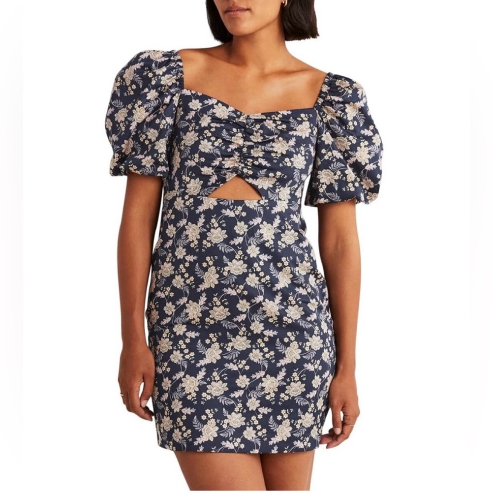 Boden cut out detail floral mini dress 100% cotton puff sleeve navy/pink 6R